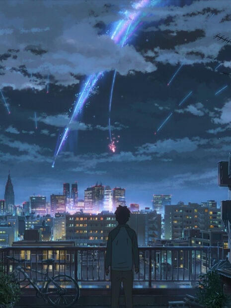 A boy watches glowing meteors streaking over the city skyline in Your Name wallpapers, HD Mobile Wallpaper