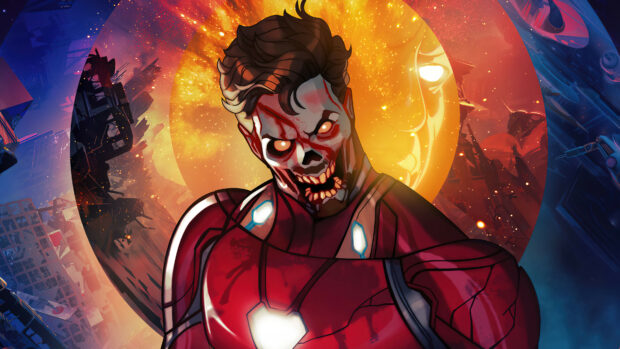 A zombie Iron Man stands in front of a fiery cosmic background in this What If Wallpapers illustration, 4K Desktop Wallpaper