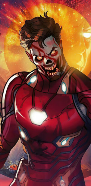 A fierce zombie superhero with glowing eyes stands in front of a fiery background in this What If Wallpapers artwork, 2K Mobile Wallpaper