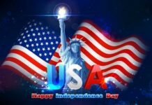 The Statue of Liberty with USA letters and American flag celebrating independence day