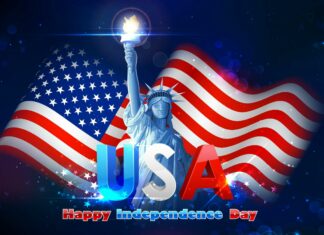 The Statue of Liberty with USA letters and American flag celebrating independence day