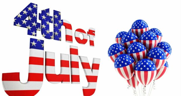 4th of July text with American flag design and patriotic balloons on white background