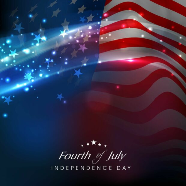 Fourth of July celebration with American flag and stars shining bright in blue background