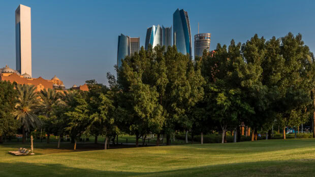 Modern architecture and green park landscape in Abu Dhabi skyscrapers