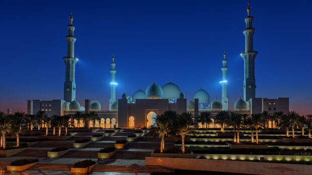 Sheikh Zayed Mosque in Abu Dhabi illuminated at night with palm trees in front