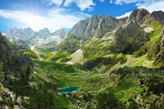 Scenic view of Albania mountain landscape with green valleys and clear blue lakes