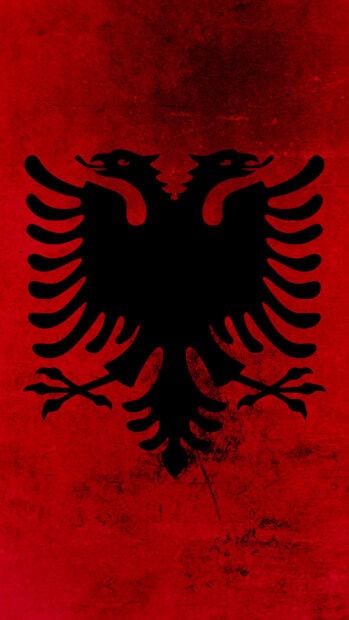 The double headed eagle symbol of Albania on a textured red background