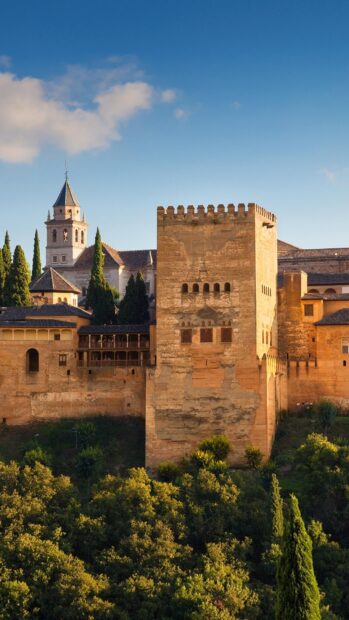 Historic Alhambra architecture surrounded by lush greenery under a clear blue sky
