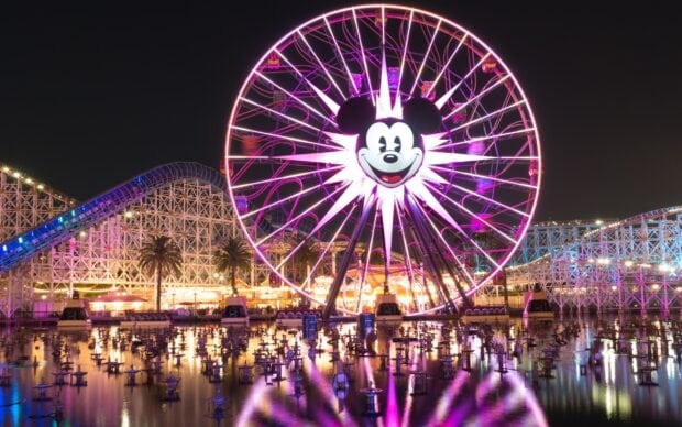A brightly lit amusement park ferris wheel with a cartoon face reflecting on the water at night