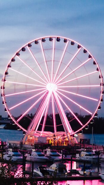 Illuminated ferris wheel at an amusement park standing over a marina with boats at dusk