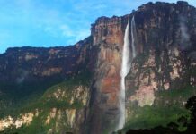 Angel Falls cascading down the cliff surrounded by lush forest and blue sky