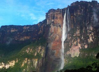 Angel Falls cascading down the cliff surrounded by lush forest and blue sky