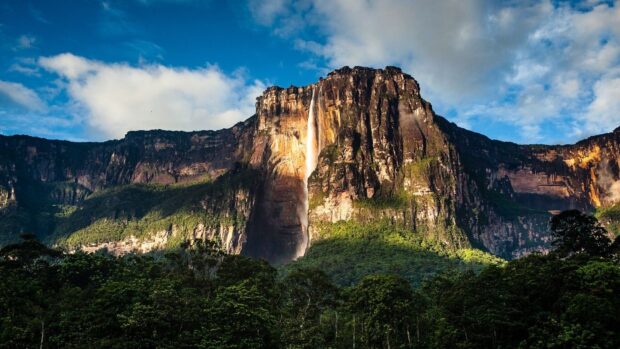 Angel Falls is a stunning natural waterfall surrounded by lush green forest and mountains