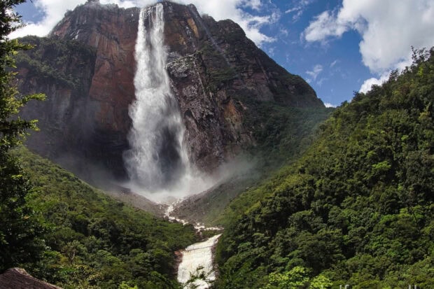 Angel Falls natural landscape with lush green forest and rocky cliffs