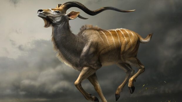 A majestic antelope running with detailed fur and long curved horns in a cloudy environment