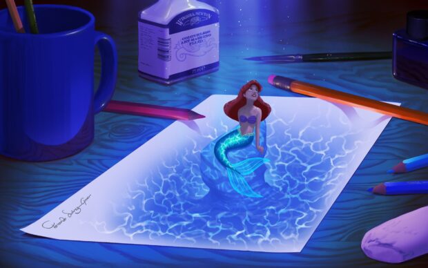 A vibrant scene featuring Ariel from The Little Mermaid emerging from sparkling water on a paper sheet