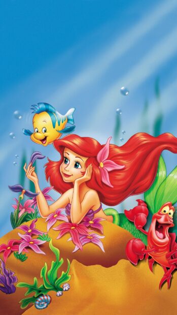 Ariel The Little Mermaid with fish and crab underwater surrounded by flowers and sea plants