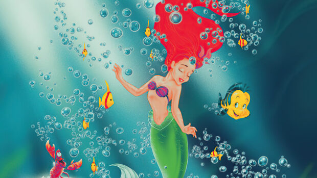 Ariel The Little Mermaid underwater with colorful fish and bubbles surrounding her
