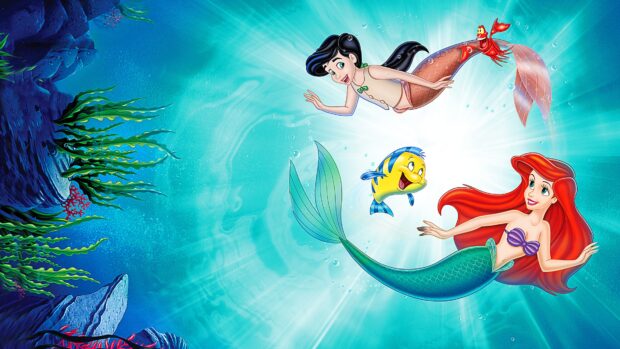 Ariel and her friends swimming under the sea in a colorful ocean scene