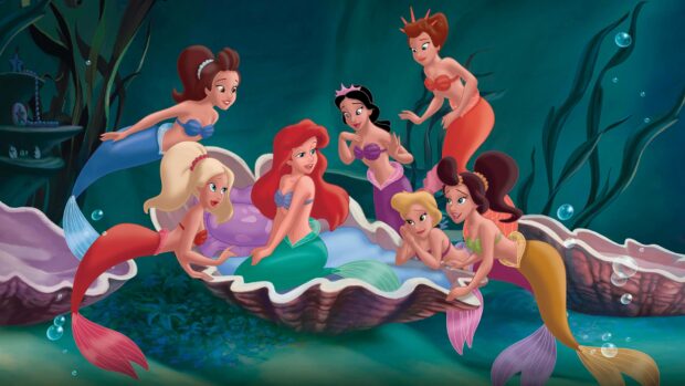 Ariel The Little Mermaid and her sisters sitting together in a large seashell underwater