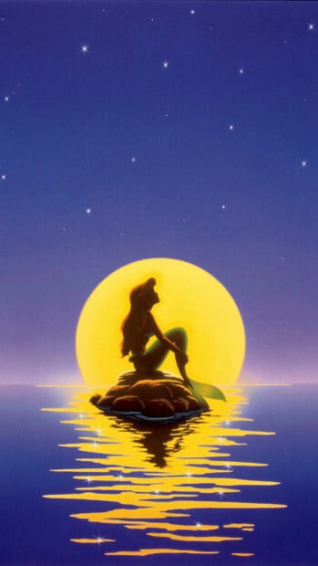 Ariel The Little Mermaid silhouette sitting on a rock under the moonlight at night