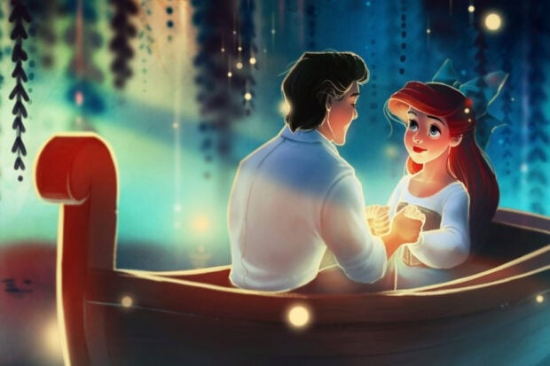 Ariel and Eric share a romantic moment in a boat from Ariel The Little Mermaid