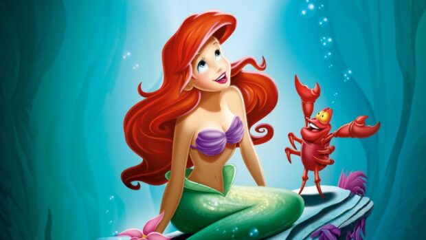 Ariel the little mermaid sitting on a rock underwater with a friendly crab beside her