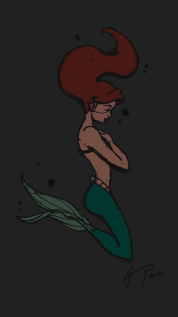 Ariel with long red hair and green tail in a side profile underwater drawing