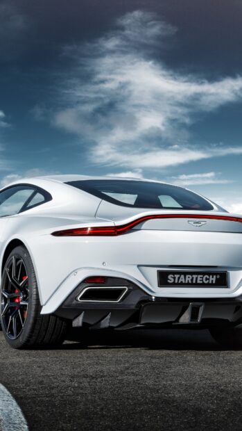 Rear view of a white Aston Martin Vantage with sporty details
