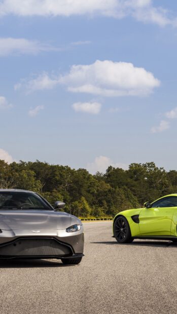 Two Aston Martin Vantage models parked on a road surrounded by trees