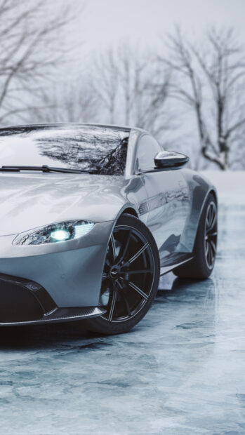 A silver Aston Martin Vantage parked on icy ground with bare trees reflected on the car surface