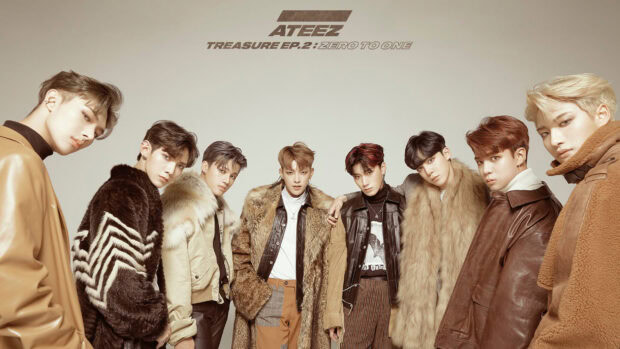 Ateez group members wearing stylish fur and leather outfits in a high quality studio setting