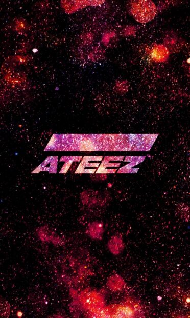 Ateez logo with galaxy theme and vibrant cosmic background in deep red colors