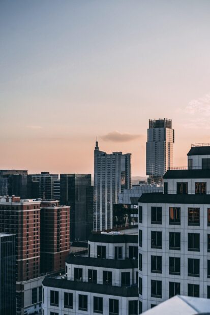 Modern buildings in the Austin skyline at sunset with a clear sky