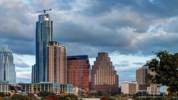Modern Austin skyline with tall buildings and cloudy sky in 4K quality
