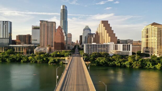 A clear view of Austin skyline featuring tall buildings and riverfront Austin cityscape