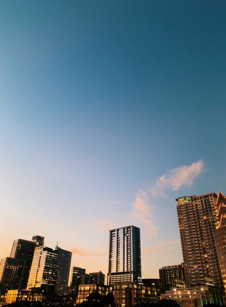 Modern Austin skyline at sunset with clear sky and tall buildings