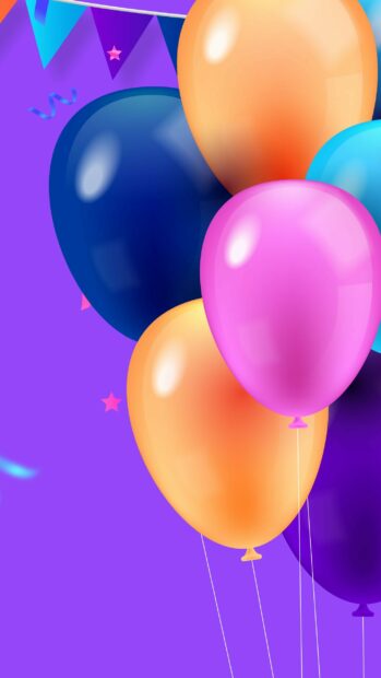 Colorful balloons floating against a vibrant purple party background