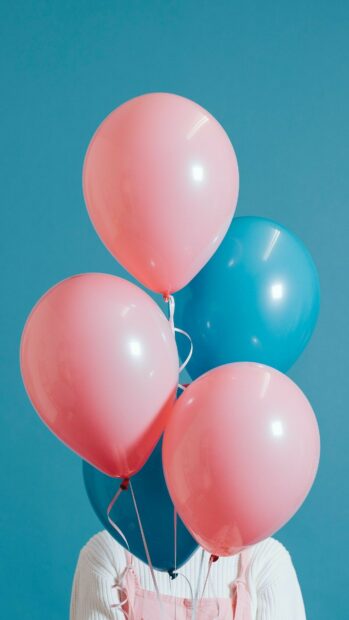A person holding pink and blue balloons against a plain blue wall background