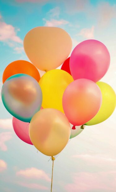 Colorful balloons floating against a blue sky with soft clouds