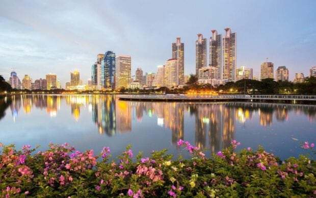 Colorful flowers with Bangkok skyline reflecting on the lake at dusk in the city