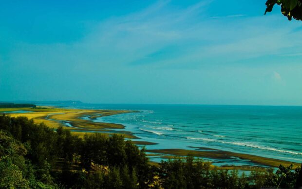 Scenic view of Bangladesh coastline with lush green trees and ocean waves under clear blue sky
