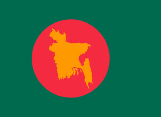 An orange map of Bangladesh inside a red circle on a green background