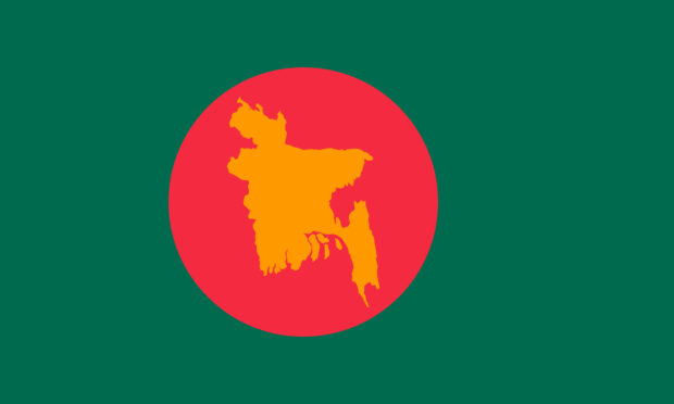 An orange map of Bangladesh inside a red circle on a green background