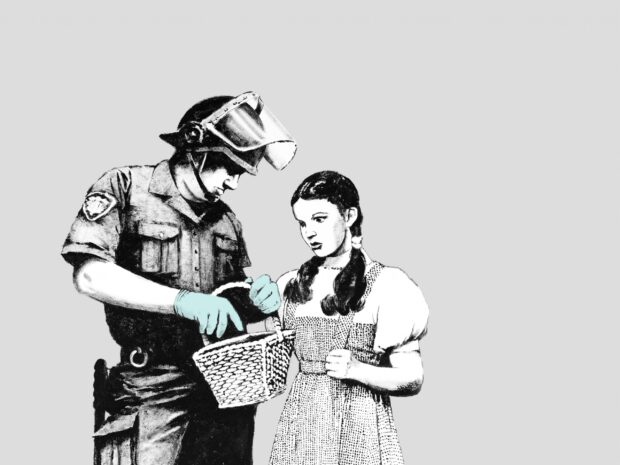 A police officer searching a girl holding a basket in Banksy graffiti style