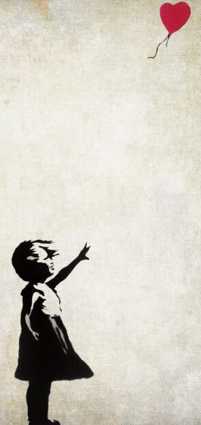 Banksy stencil art of a girl reaching out towards a red heart balloon