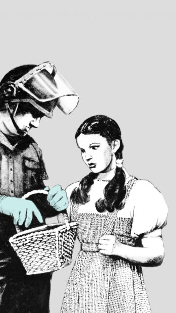 A Banksy artwork showing a police officer inspecting a girl with a basket