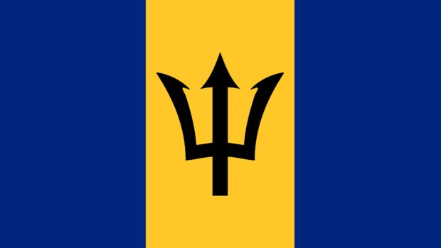 Black trident symbol centered on yellow vertical stripe of Barbados flag