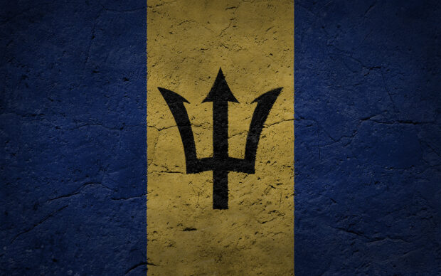 The Barbados flag painted on a rough stone wall displaying the Barbados symbol