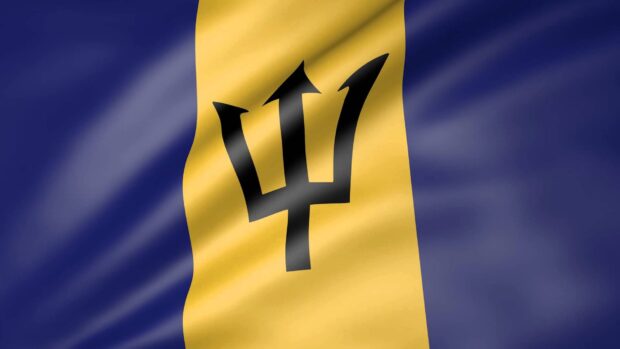 The Barbados flag with its distinctive trident symbol waving in the wind